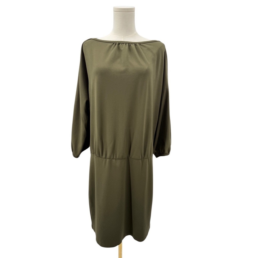 Trina Turk Olive Green Shift Dress Womens Medium Large Stretch Boat Neck 3/4 Slv
